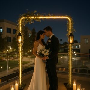 Bride and groom share an intimate moment under a softly lit wedding arch on the balcony at night.