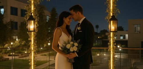 Bride and groom share an intimate moment under a softly lit wedding arch on the balcony at night.