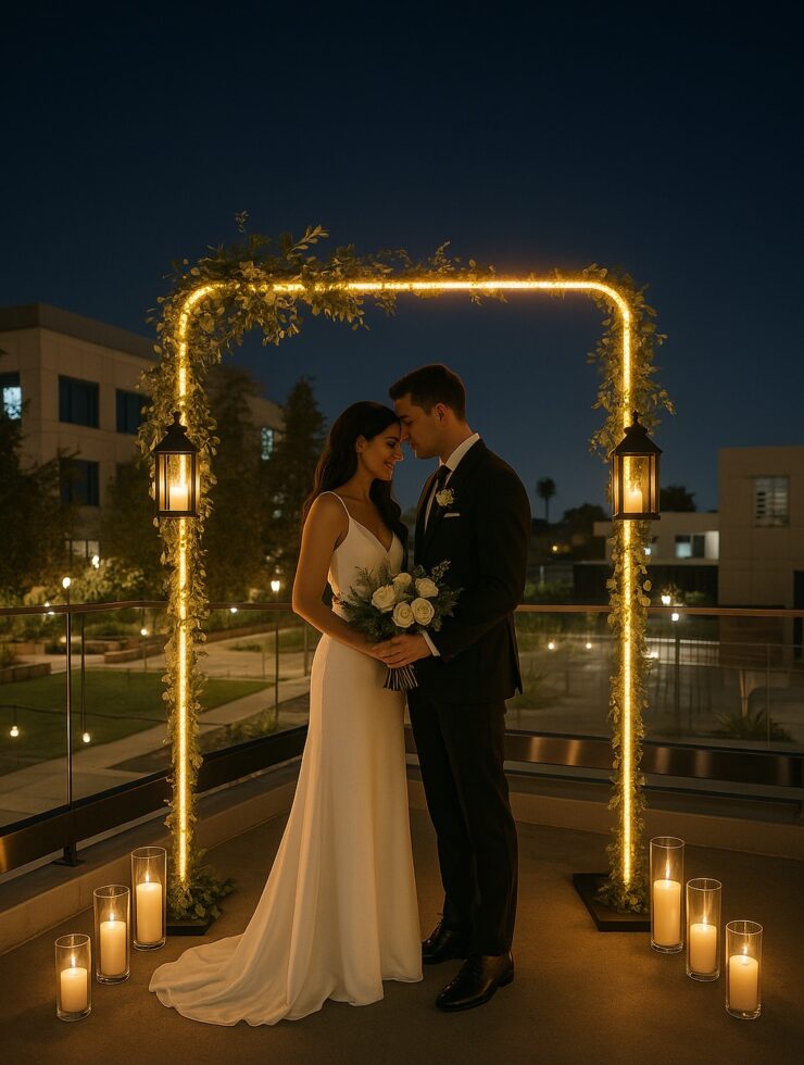 Bride and groom share an intimate moment under a softly lit wedding arch on the balcony at night.