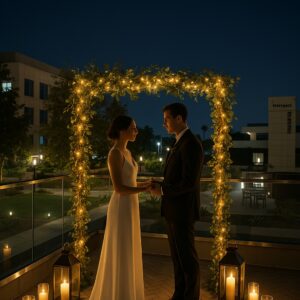 Couple exchanging vows under a lighted floral arch during a nighttime balcony wedding ceremony.