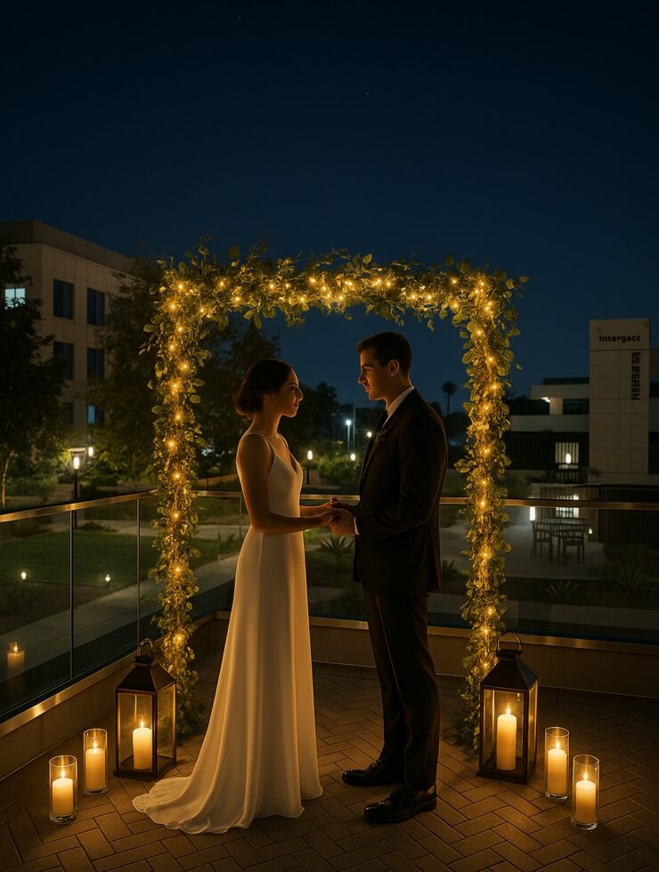 Couple exchanging vows under a lighted floral arch during a nighttime balcony wedding ceremony.